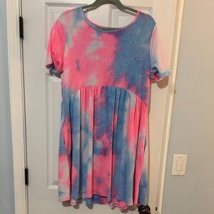 Tie-Dye Short Sleeve Babydoll Dress - Pink & Blue